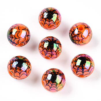 UV Plating Acrylic Beads, Iridescent, Halloween Theme, Round with Spider Pattern, Coral, 12mm, Hole: 2.4mm