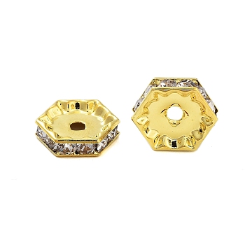 Rack Plating Brass Rhinestone Spacer Beads, Cadmium Free & Lead Free, Long-Lasting Plated, Hexagon, Real 18K Gold Plated, 13x14.5x3.5mm, Hole: 2.5mm