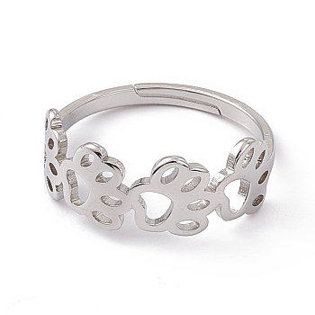 201 Stainless Steel Hollow Out Dog Paw Prints Adjustable Ring for Women, Stainless Steel Color, US Size 6 1/4(16.7mm)