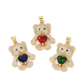 Brass Micro Pave Cubic Zirconia Pendants, Bear with Heart Charm, Real 18K Gold Plated, Mixed Color, 26.5x20x5.5mm, Hole: 3.5x4mm