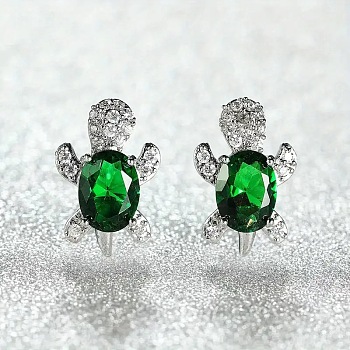 Tortoise Zinc Alloy Cubic Zirconia Stud Earrings, Platinum, Green, 16x10mm