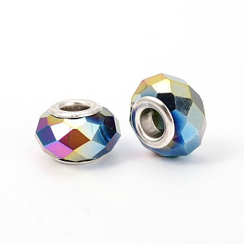 Faceted Glass European Beads, Large Hole Rondelle Beads, with Silver Color Plated Brass Cores, Full Rainbow Plated, 14x9mm, Hole: 5mm