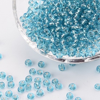 (Repacking Service Available) 6/0 Glass Seed Beads, Silver Lined Round Hole, Round, Pale Turquoise, 4mm, Hole: 1.5mm, about 12G/bag