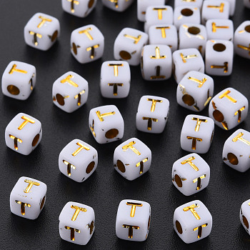 Opaque White Acrylic Beads, Metal Enlaced, Cube with Letters, Letter.T, 4.5mm, Hole: 2mm, about 5000pcs/500g