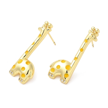Rack Plating Brass Enamel Giraffe Stud Earrings with Cubic Zirconia, Lead Free & Cadmium Free, Real 18K Gold Plated, 28x13.5mm