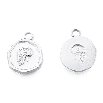 201 Stainless Steel Pendants, Flat Round with Jellyfish, Stainless Steel Color, 16x13x2mm, Hole: 2mm