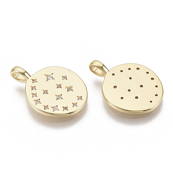Brass Micro Pave Cubic Zirconia Pendants, Nickel Free, Oval with Star, Clear, Real 18K Gold Plated, 19.5x14x4mm, Hole: 3mm