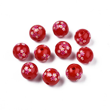 Opaque Printed Acrylic Beads, Round with Flower, FireBrick, 9x9.5mm, Hole: 1.8mm