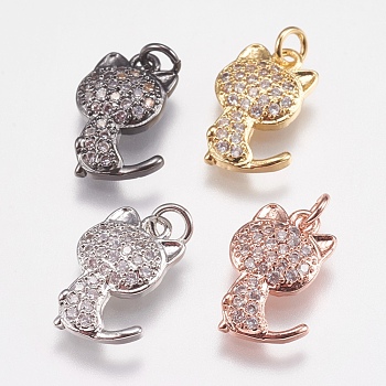 Brass Micro Pave Cubic Zirconia Kitten Charms, Cat Silhouette Shape, Mixed Color, 14x9x2.5mm, Hole: 2mm