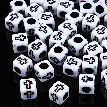 Opaque Acrylic Beads, Cube with Cross, White, 6x6x6mm, Hole: 3mm, about 2995pcs/500g