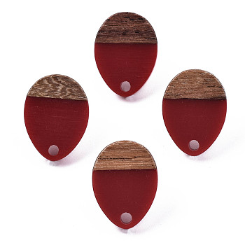 Opaque Resin & Walnut Wood Stud Earring Findings, with 304 Stainless Steel Pin, Teardrop, Dark Red, 17x13mm, Hole: 1.8mm, Pin: 0.7mm