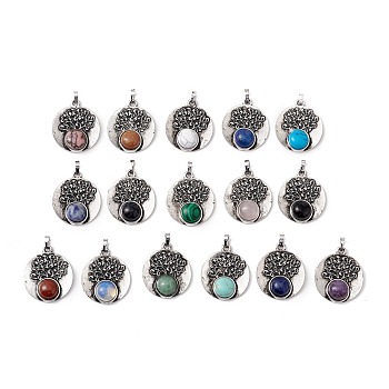 Natural & Synthetic Gemstone Alloy Pendants, Lead Free & Cadmium Free, Antique Silver, Flat Round with Tree, Mixed Dyed and Undyed, 28.5x24.5x6.5mm, Hole: 4x3.5mm