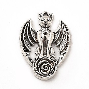Tibetan Style Alloy Pendant Rhinestone Settings, Cat with Wing, Antique Silver, Fit for 1.5mm Rhinestone, 26.5x19x3mm, Hole: 0.7mm