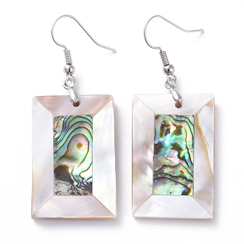 White Shell & Abalone Shell/Paua Shell Dangle Earrings, with Brass Ice Pick Pinch Bails and Earring Hooks, Rectangle, Platinum, 53mm, Pin: 0.7mm