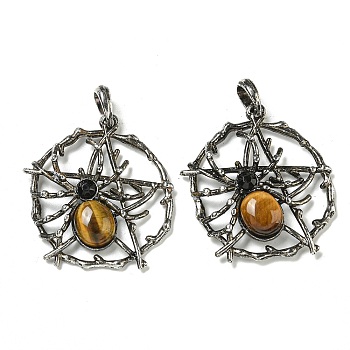 Natural Tiger Eye Pendants, Alloy Pentagram with Spider Charms, Antique Silver, 44.5x39x7mm, Hole: 7.5x6.5mm