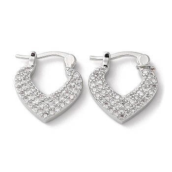 Brass with Cubic Zirconia Heart Hoop Earrings, Long-Lasting Plated, Lead Free & Cadmium Free, Platinum, 17.5x15.5x3mm
