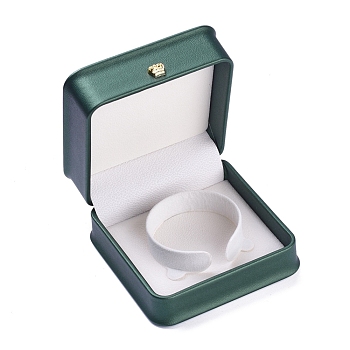 PU Leather Bracelet Box, with Golden Iron Crown, for Wedding, Jewelry Storage Case, Square, Dark Green, 3-3/4x3-3/4x2 inch(9.6x9.6x5.1cm)