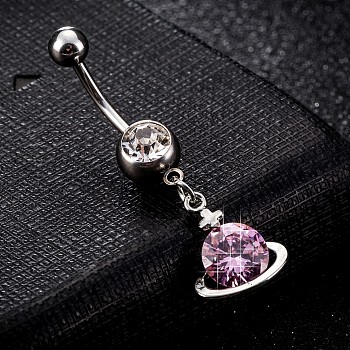 Piercing Jewelry, Brass Cubic Zirconia Navel Ring, Belly Rings, with 304 Stainless Steel Bar, Cadmium Free & Lead Free, Planet, Platinum, Pink, 39x12mm, Bar: 15 Gauge(1.5mm), Bar Length: 3/8"(10mm)