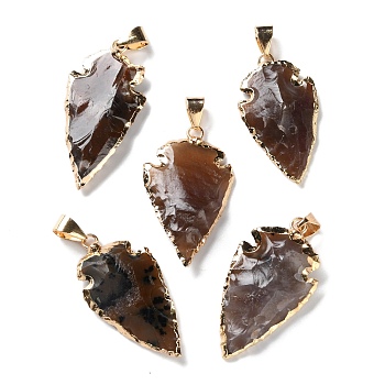 Raw Rough Natural Indian Agate Pendants, Arrow Head Charms with Golden Tone Brass Snap on Bails, 27~39x17~22x6~11mm, Hole: 7x4mm