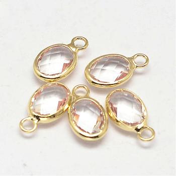 Oval Faceted Golden Tone Brass Glass Charms, Clear, 12x7x3.5mm, Hole: 1mm