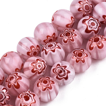 Handmade Millefiori Glass Beads Strands, Round, Flamingo, 10mm, Hole: 1.2mm, about 36~38pcs/strand, 13.78 inch~14.88 inch(35cm~37.8cm)