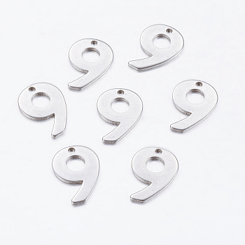 304 Stainless Steel Pendants, Number, Num.9, 11x8x0.7mm, Hole: 0.5mm