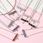 Natural & Synthetic Mixed Stone Faceted Pointed Bullet Wire Wrapped with Star Pendant Brass Cable Chain Necklaces, Rack Plating, Platinum, Mixed Dyed and Undyed, 26.10 inch(66.3cm)(NJEW-P351-01P)
