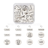 72Pcs 12 Style Tibetan Style Alloy Pendants with 100Pcs Iron Jump Rings, Rectangle & Flat Round with Word, Antique Silver, 20x2mm, Jump Rings: 7x0.9mm, 6pcs/style(FIND-PJ0001-19)