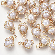 ABS Plastic Imitation Pearl Pendants, with Light Gold Plated Brass Wire, Creamy White, 13~15x9~10x8~9mm, Hole: 1.5~2mm(KK-N235-020A)