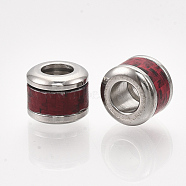 304 Stainless Steel European Beads, with Fiber, Large Hole Beads, Column with Basket Weave Pattern, Stainless Steel Color, Crimson, 10x8mm, Hole: 5mm(STAS-S079-99D-P)