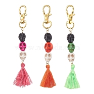 Halloween Synthetic & Dyed Turquoise Skull Pendant Decorations, Handmade Polycotton Tassel for Bag Ornaments, Mixed Color, 106mm, Pendants: 75x10x10mm, about 3pcs/set(HJEW-JM01998)