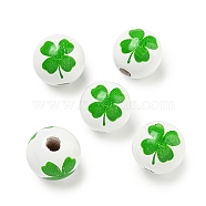 Printed Wood European Beads, Saint Patrick's Day Beads, Round with Clover Pattern, White, 15.5~16mm, Hole: 4~4.5mm(WOOD-G022-01D)