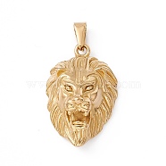 Vacuum Plating 304 Stainless Steel Pendants, Lion Charm, Golden, 39.5x25x15mm, Hole: 8x4.5mm(STAS-H170-31G)