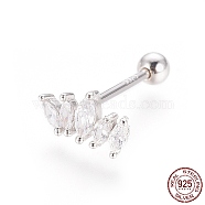 Rhodium Plated 925 Sterling Silver Barbell Cartilage Earrings, Screw Back Earrings, with Micro Pave Clear Cubic Zirconia, with 925 Stamp, Crown, Platinum, 5x9x1.5mm, Pin: 0.8mm(STER-I018-01P)