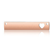 201 Stainless Steel Links Connectors, Manual Polishing, Rectangle with Heart, Rose Gold, 40x7x1.7mm, Hole: 1.5mm(STAS-S105-T597D-3)