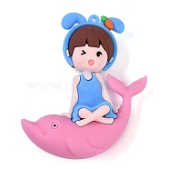 PVC Plastic Big Pendants, Cute Dolphin Girl, Pale Violet Red, 71x63x22mm, Hole: 3mm(KY-U004-06B)