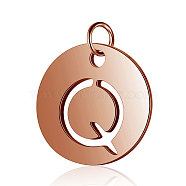 304 Stainless Steel Charms, Flat Round with Letter, Rose Gold, Letter.Q, 12x1mm, Hole: 2.5mm(STAS-S105-T514R-Q)