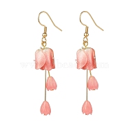 Plastic 3D Flower Long Dangle Earrings, Gold Plated 304 Stainless Steel Jewelry for Women, Light Coral, 62mm, Pin: 0.8mm(EJEW-JE04936-01)
