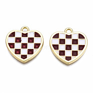 Rack Plating Alloy Checkerboard Pendants, with Enamel, Cadmium Free & Lead Free, Light Gold, Heart with Grid Pattern, Brown, 18.5x18x2mm, Hole: 2mm(PALLOY-S132-257E-RS)