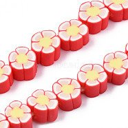 Handmade Polymer Clay Bead Strands, Flower, Red, 6.5~10x7~10.5x4~5mm, Hole: 1.6mm, about 40pcs/strand, 11.61 inch~13.19 inch(29.5~33.5cm)(CLAY-N011-48B-C03)