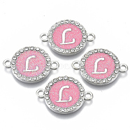 Alloy Enamel Links Connectors, with Crystal Rhinestones, Flat Round with Letter, Silver Color Plated, Letter.L, 22x16x2mm, Hole: 1.8mm(ENAM-TAC0003-01S-03L)