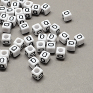 Large Hole Acrylic Letter European Beads, Horizontal Hole, White & Black, Cube with Letter.Q, 6x6x6mm, Hole: 4mm, about 2596pcs/440g(SACR-Q103-6mm-01Q)