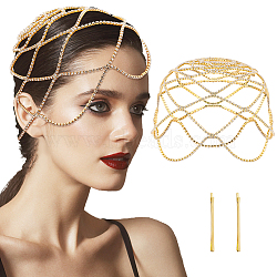 Rhinestone Mesh Headpiece Cap, Brass Head Chain Bridal Party Hair Accessories for Women Girls, Golden, 200x3mm(AJEW-WH0413-82A)