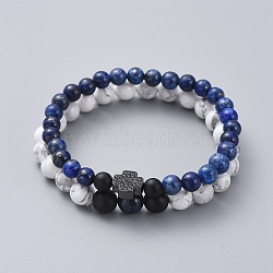 Stretch Bracelet Sets, Stackable Bracelets, Natural Lapis Lazuli(Dyed) Beaded Bracelets & Natural Howlite Beaded Bracelets, with Natural Black Agate(Dyed) Beads and Brass Micro Pave Cubic Zirconia Links, Cross, 2 inch(50mm), 2pcs/set(BJEW-JB05027-02)