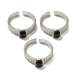 Natural Black Agate Adjustable Rings, with Platinum Brass Findings, Long-Lasting Plated, Jewely for Women, Rectangle, Adjustable(RJEW-K269-12P-05)