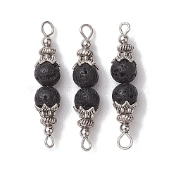 Natural Lava Rock Round Beaded Connector Charms, with Tibetan Style Bead Caps, 33.5x7mm, Hole: 1.6mm and 2.7mm(PALLOY-JF02715)