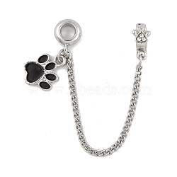 Rack Plating Paw Print Alloy Black Enamel European Safety Chains, for European Bracelet Making, Platinum, 98mm, Paw Print: 15x12x2mm, Hole: 4.5mm(FIND-C055-05P-01)