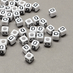 Large Hole Acrylic Letter European Beads, Horizontal Hole, White & Black, Cube with Letter.Q, 6x6x6mm, Hole: 4mm, about 2596pcs/440g(SACR-Q103-6mm-01Q)