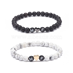 2Pcs 2 Style Natural Lava Rock & Howlite Stretch Bracelets Set, Heart & Word M and F Acrylic Beaded Couple Bracelets for Best Friends Lovers, Inner Diameter: 2~2-3/8 inch(5.2~6cm), 1Pc/style(BJEW-JB08672)