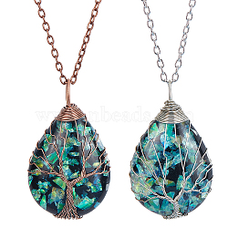 4Pcs 2 Colors Teardrop Pendant Necklaces Set, Wire Wrap Tree of Life Pendant Necklaces for Women, Dark Green, Mixed Color, 18.50 inch(47cm), 2pcs/color(NJEW-BC0001-04)